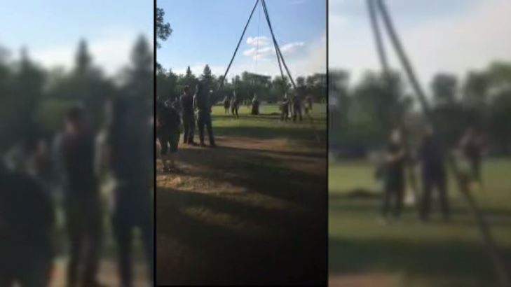 The teepee being set up in Wascana Park on National Indigenous Peoples Day. 