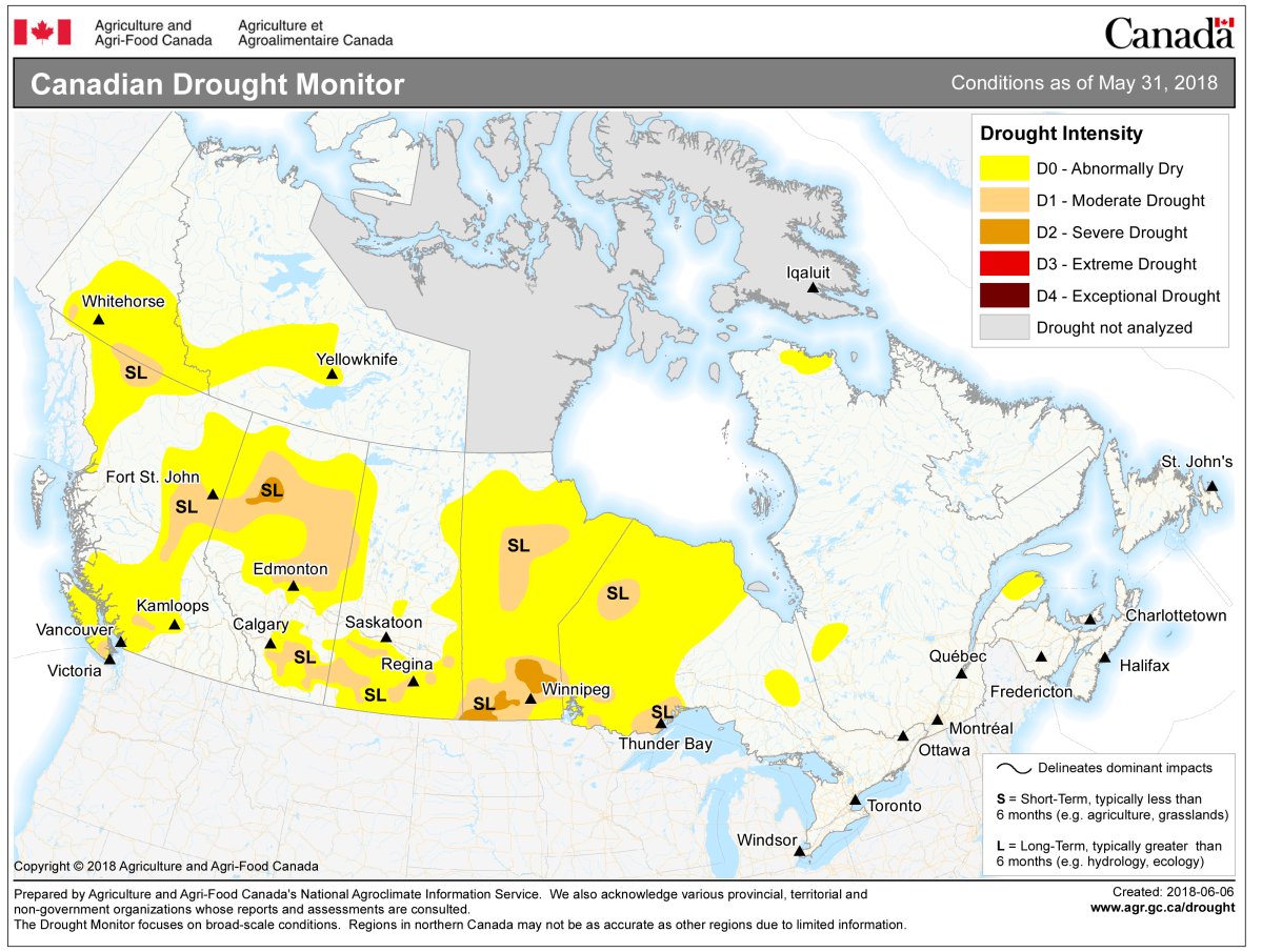 A large rainfall event on May 31 helped to alleviate long-term moisture concerns. All drought conditions in the southeast improved, most significantly in areas east of Regina.