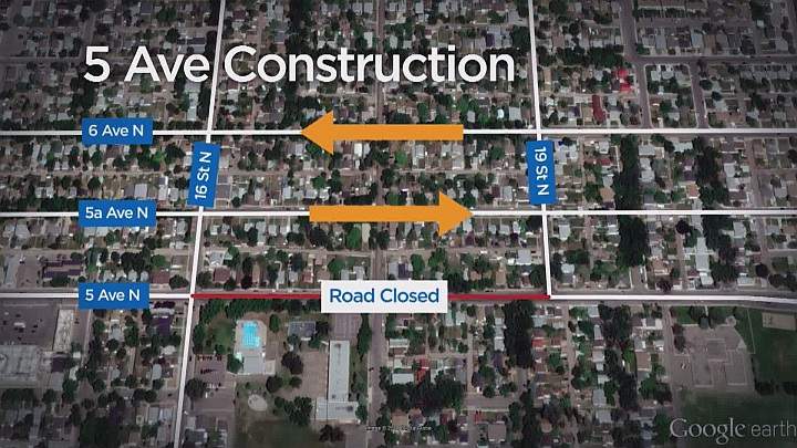 Map of construction on 5th avenue north in Lethbridge