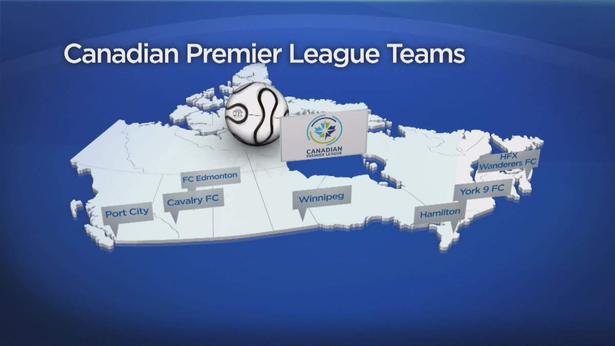 A map showing the teams across Canada for the inaugural season of the Canadain Premier Leauge in April 2019.