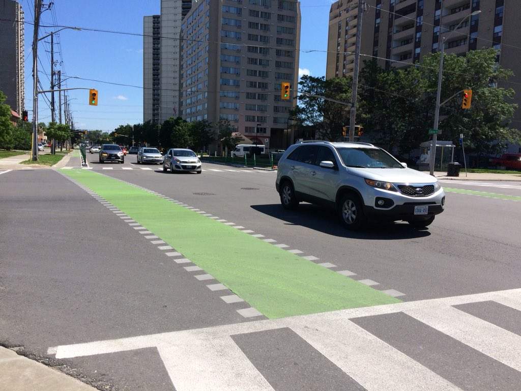 Cycling lanes on Colborne Street in London.