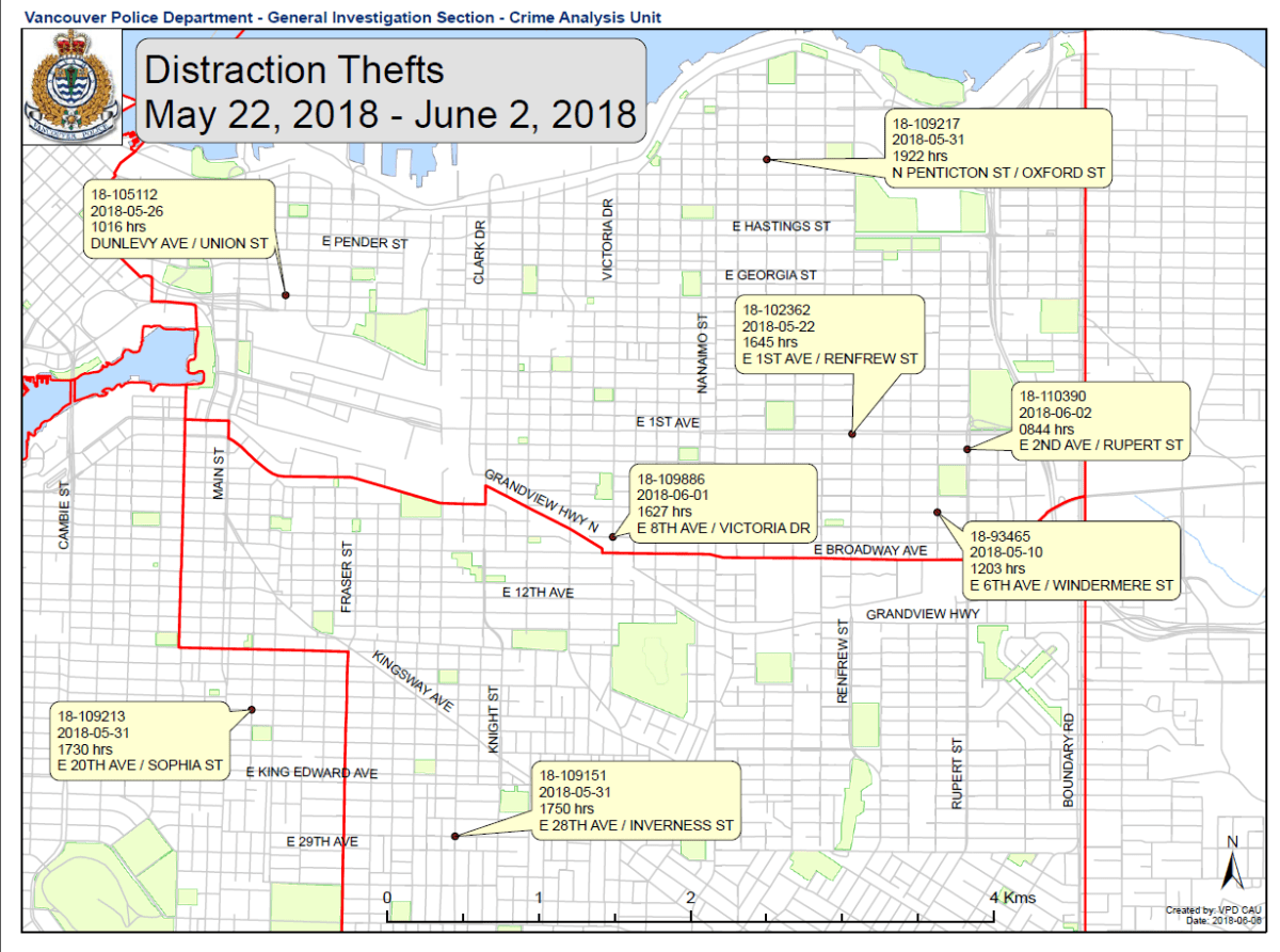 A Vancouver Police-provided map showing the locations of eight reported distraction thefts in the East Vancouver area between May 22 and June 5.
