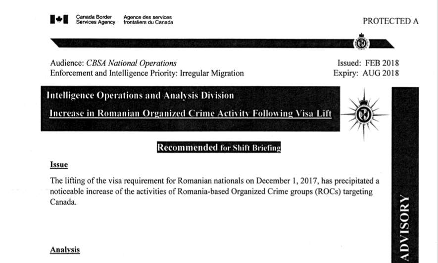 Canada Border Services Agency report on increased Romanian organized crime since Canada lifted the visa requirement on Romanian citizens.
