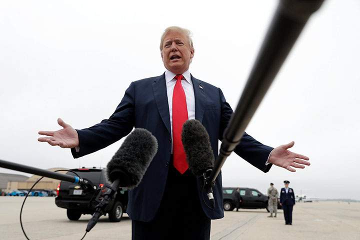 U.S. President Donald Trump speaks to the media before boarding Air Force One, Thursday, May 31, 2018, in Andrews Air Force Base, Md. 