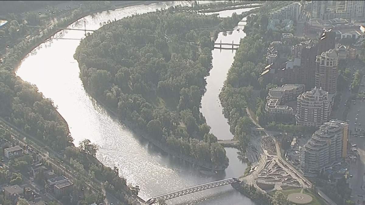 An aerial view of downtown Calgary after the June 2013 flooding.