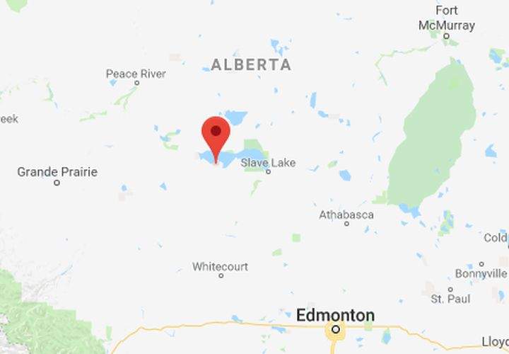 A map showing parts of Alberta. The community of Driftpile is marked by the red indicator.