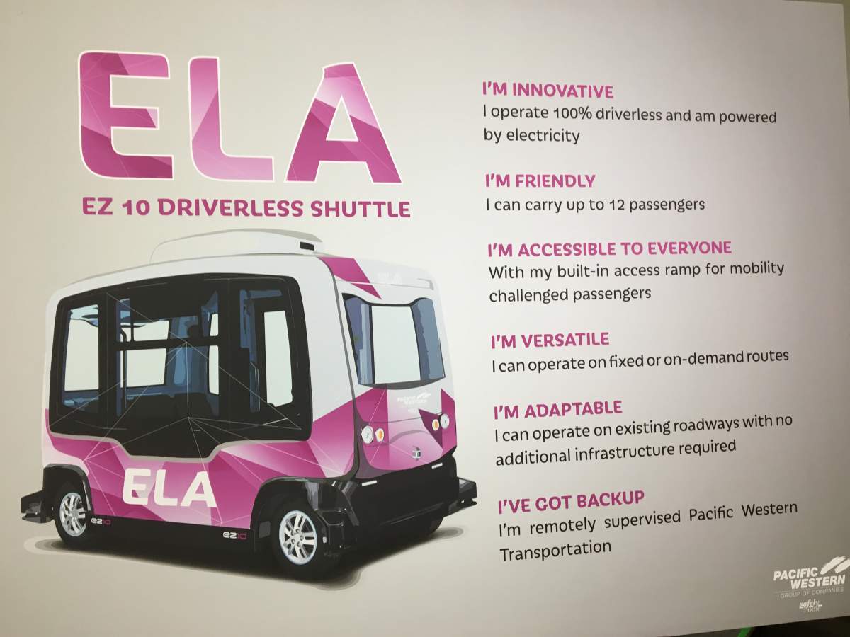 ” The EasyMile EZ10 driverless shuttle will look like the one shown in this handout.