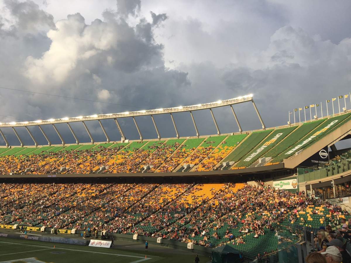 A severe thunderstorm warning forces the Edmonton Eskimos season opener to be delayed, Friday, June 22, 2018. 