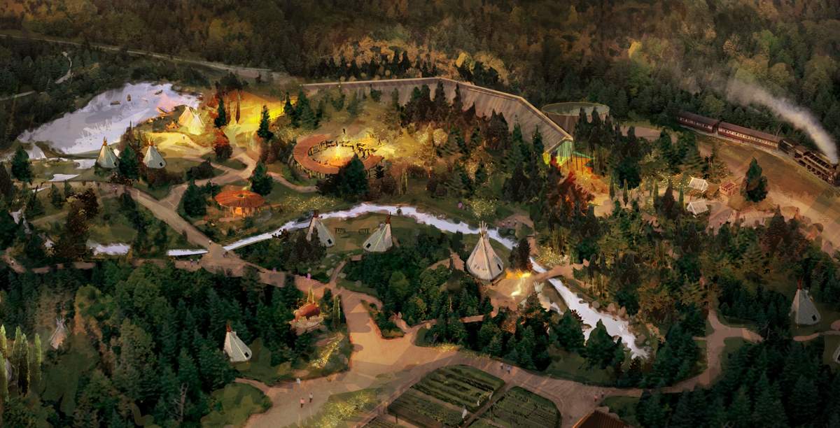 A birdeye’s view of the Indigenous Peoples Experience at Fort Edmonton Park.
