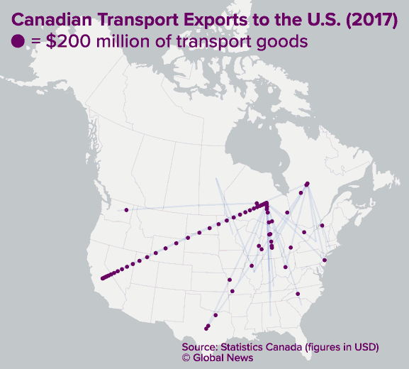 These animated maps show Canada has so much more to lose in a trade war than the U.S. - image