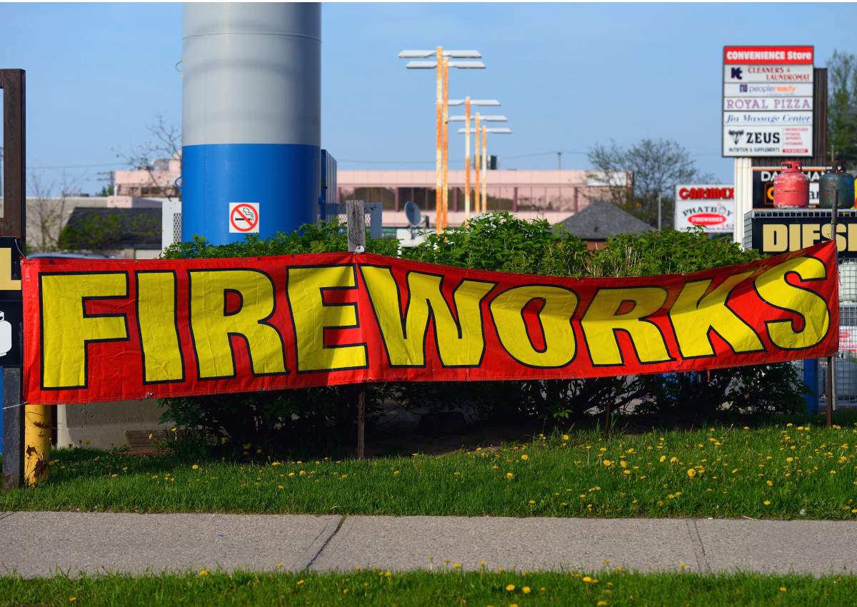 Pictured is a sign advertising fireworks for sale in Kitchener, Ont., May 17 2018.