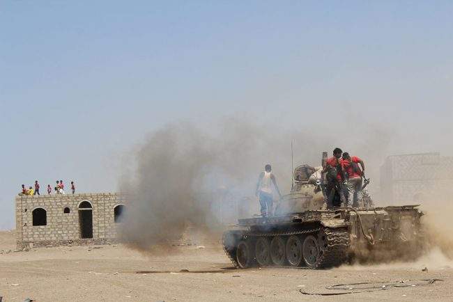 Saudi-backed militias of Yemeni President Abedrabbo Mansour Hadi are seen in Aden, Yemen, Oct. 2, 2015. The Senate Committee on Human Rights cited the sale of light armoured vehicles to Saudi Arabia as an example of the failure of Canadian export laws to balance economic gains with human rights.

