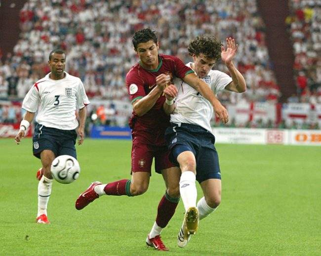 England’s Owen Hargreaves and Portugal’s Cristiano Ronaldo battle for the ball during quarter-final action at the 2006 World Cup in Gelsenkirchen, Germany. Hargreaves was born in Calgary, but opted to play for England.