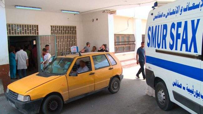 An image grab taken from an AFPTV video shows the entrance to the Habib Bourguiba University Hospital in Sfax, eastern Tunisia, to where victims of a migrant shipwreck were transported on June 3, 2018. 
