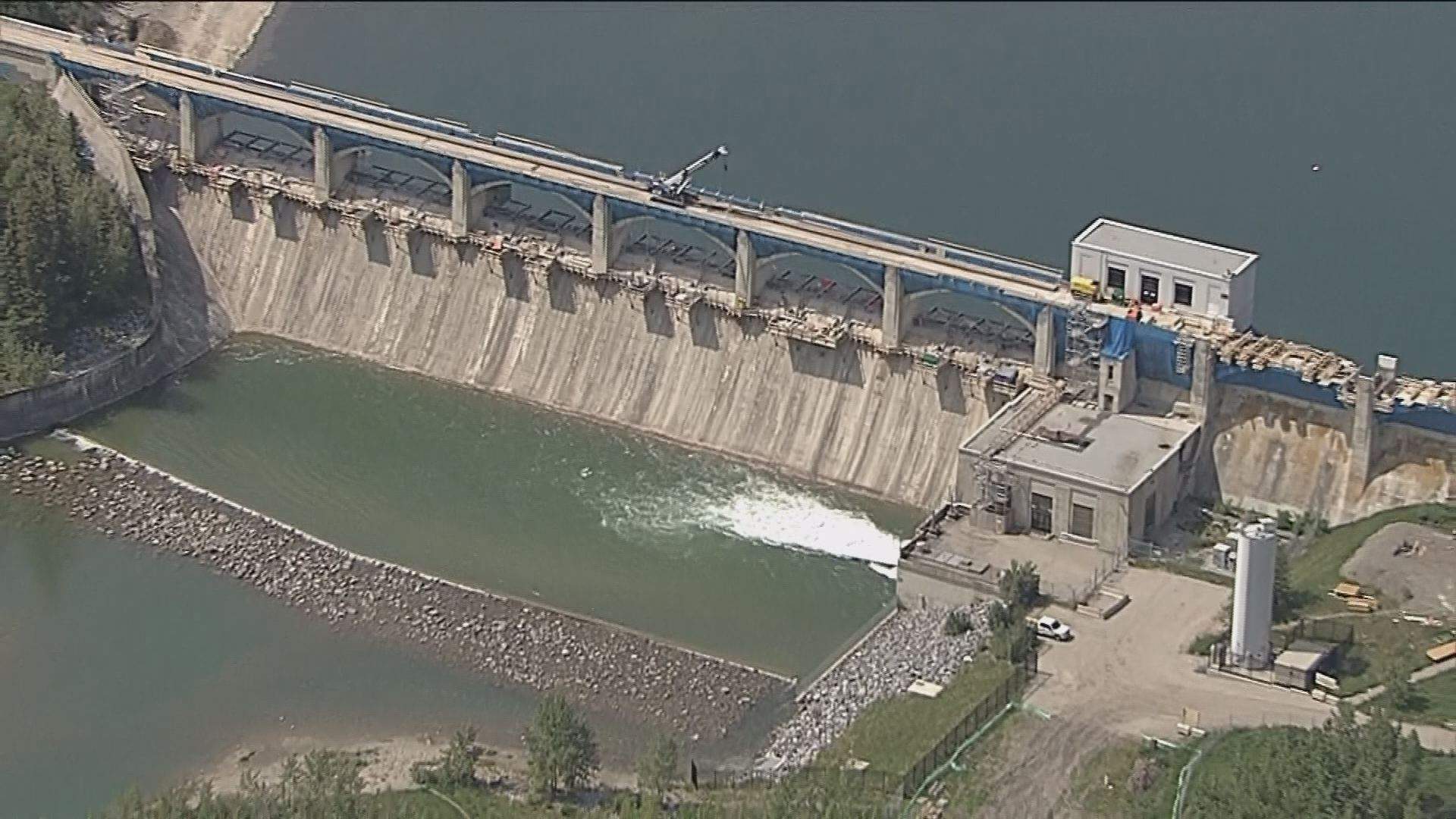 The Glenmore Dam is pictured in June 2018, undergoing renovations to expand its capacity.