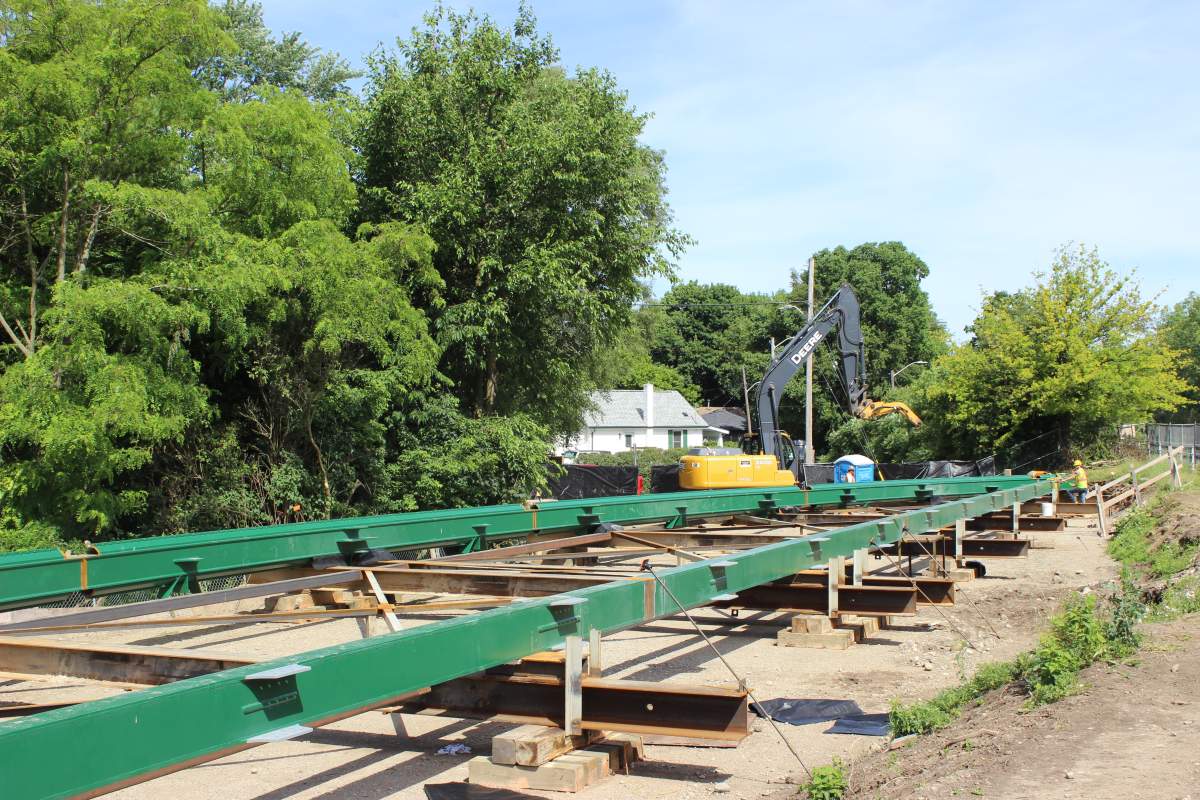 Construction crews have set up a "work table," on the west bank of the Thames River, where they've begun to reassemble the first arch of the historic Blackfriars Bridge.