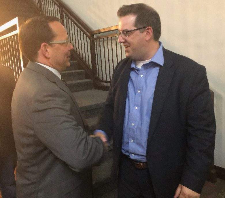 Guelph Mayor Cam Guthrie congratulates newly-elected Green Party MPP Mike Schreiner Thursday night. 