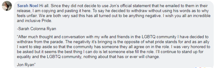 Seattle Seahawks punter Jon Ryan announces decision to withdraw from Regina Pride parade.