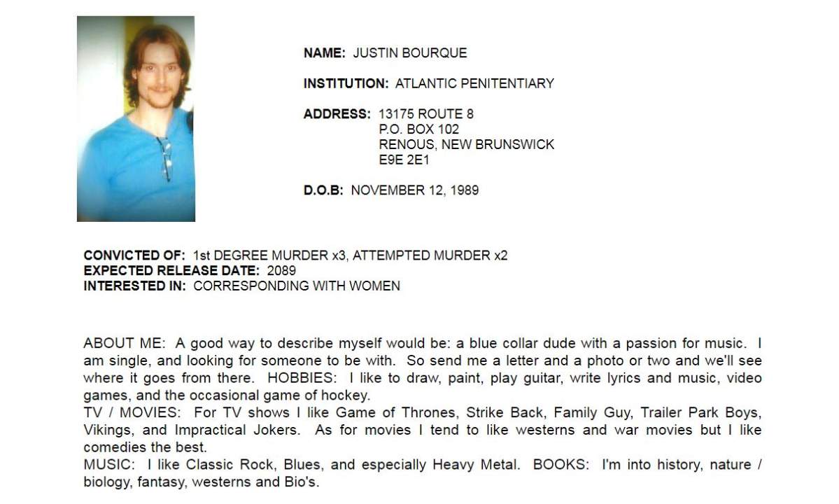 A screenshot of Justin Bourque’s profile on Canadian Inmates Connect.