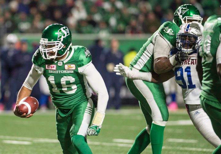 Saskatchewan Roughriders quarterback Brandon Bridge runs the ball during CFL football action against the Montreal Alouettes in Regina on Oct. 27, 2017.