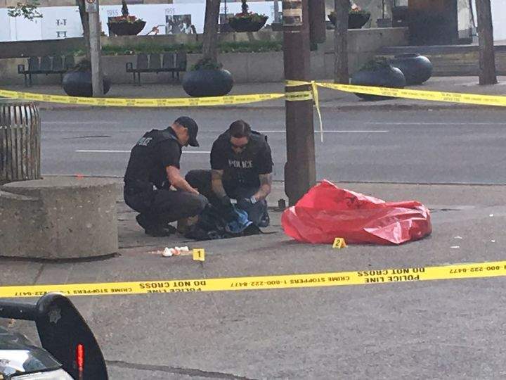 Police are investigating a stabbing incident at Olympic Plaza Tuesday.