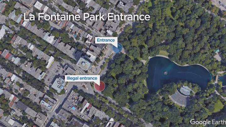 View of appropriate and inappropriate entrances to La Fontaine park. Monday, June 25, 2018.