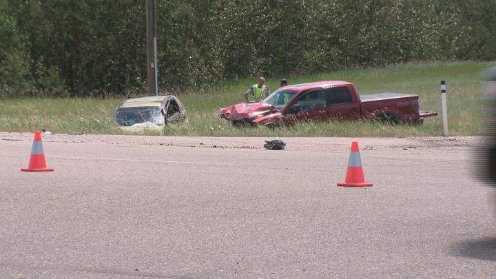 A 56-year-old woman was killed in a two-vehicle crash on Highway 16 west of Edmonton Thursday, June 28. 2018.