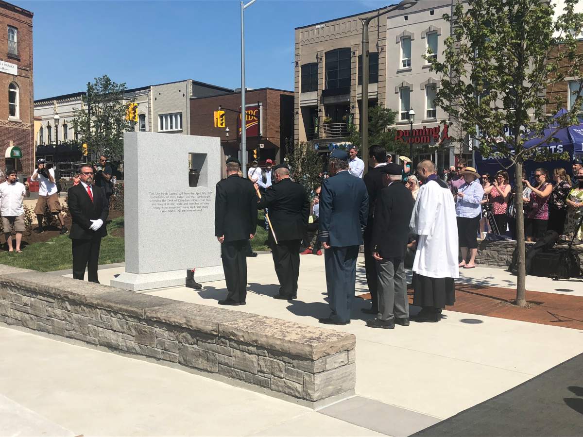 The sacred soil, removed from the battlefield at Vimy Ridge is now encased in the monument at Memorial Square in Barrie.