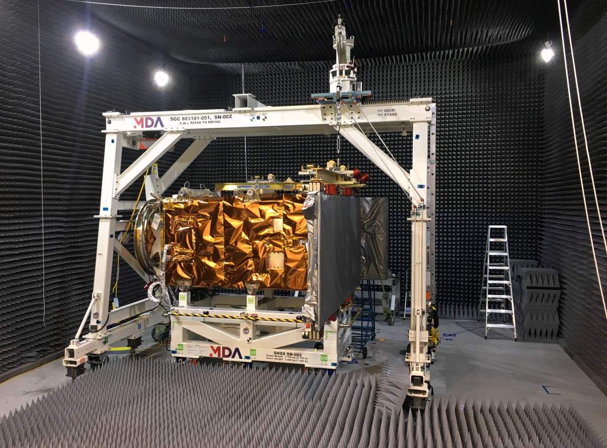 Satellite in special room for electro-magnetic compatibility testing