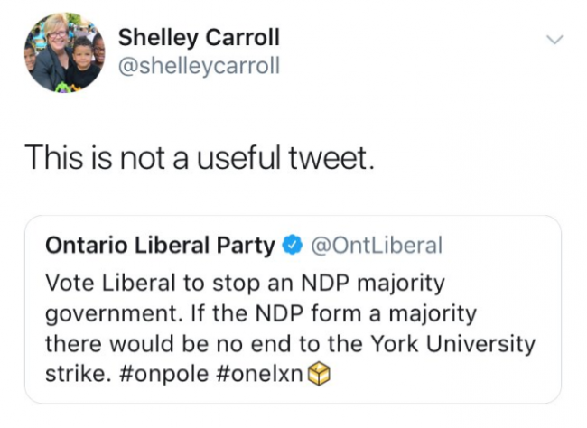 Screen grab of a since-deleted tweet from Ontario Liberal Party candidate Shelley Carroll, taken June 5, 2018.