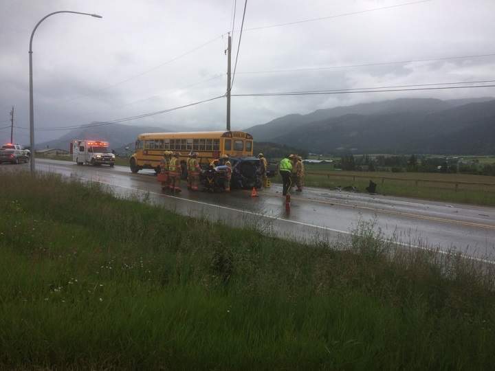 Five people are believed to be injured in this highway crash which involved a school bus near Enderby, B.C.