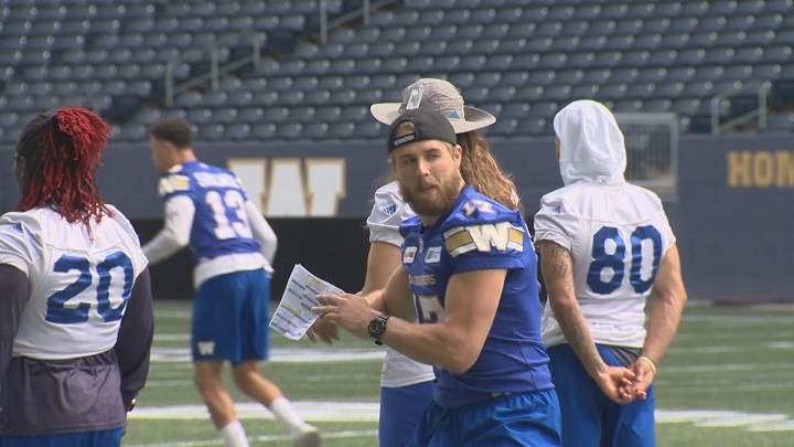 Winnipeg Blue Bombers starting quarterback Chris Streveler takes part in Thursday's pre-game walk through.