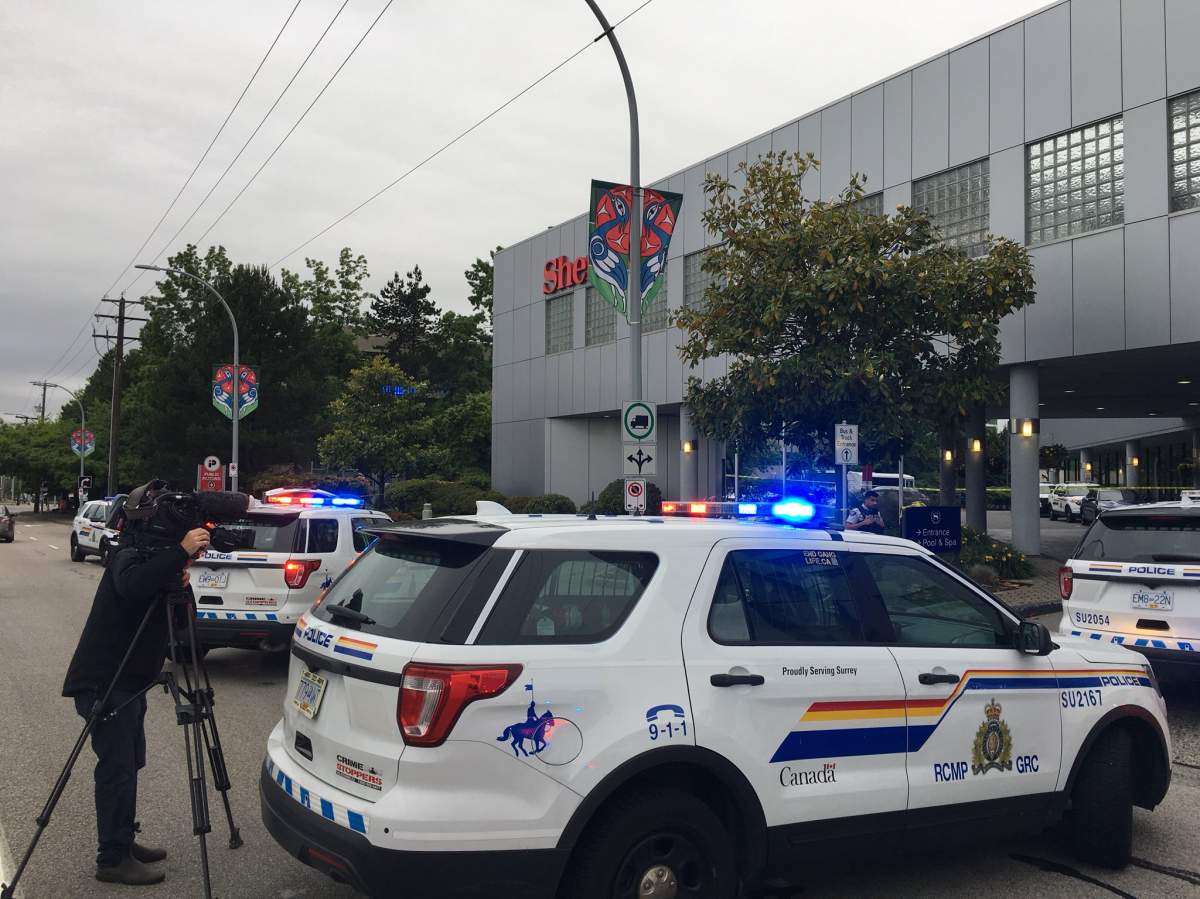 Surrey RCMP on scene outside the Sheraton Vancouver Guildford Hotel.