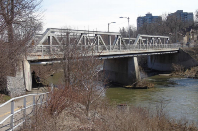 Victoria Bridge runs along Ridout Street, just south of Horton Street over the Thames River.