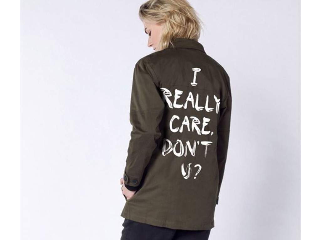 Portland-based fashion label Wildfang has created a jacket in response to the one worn by Melania Trump that says, "I really care." .