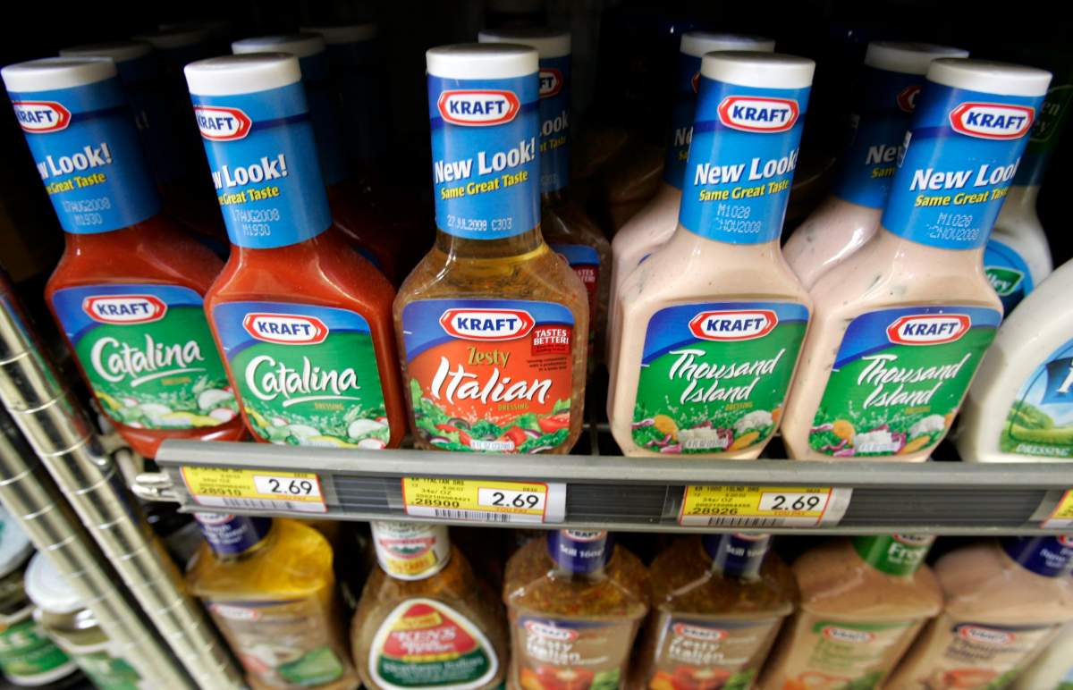 In this July 28, 2008 file photo, bottles of Kraft Foods’ salad dressing sit on display at J.J. & F. Market in Palo Alto, Calif.