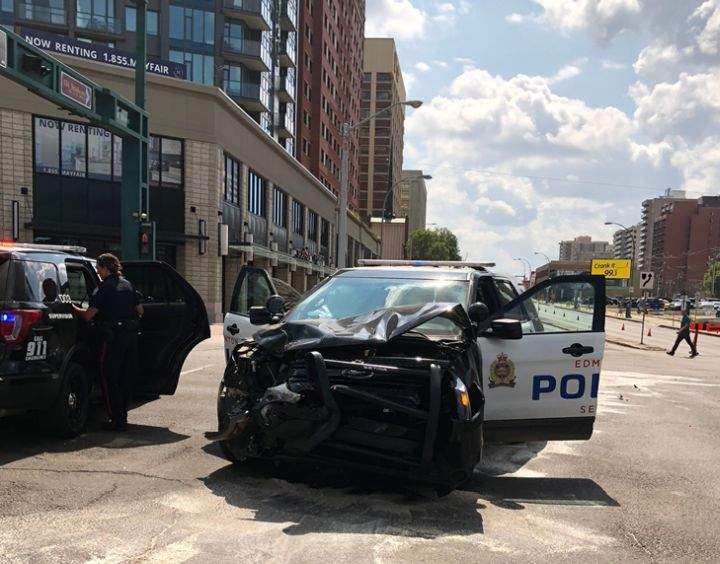 Shortly before 1:30 p.m. on Tuesday, Edmonton police issued a news release to say the corner of Jasper Avenue and 109 Street was closed so they could investigate a collision involving a police vehicle and an SUV.