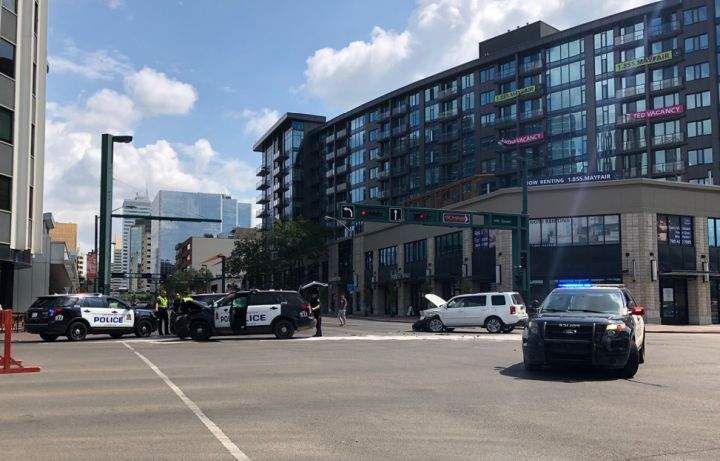 Shortly before 1:30 p.m. on Tuesday, Edmonton police issued a news release to say the corner of Jasper Avenue and 109 Street was closed so they could investigate a collision involving a police vehicle and an SUV.