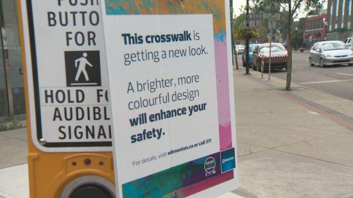 A crosswalk has been painted pink at 107 Avenue and 124 Street in Edmonton in order to make it safer for pedestrians.