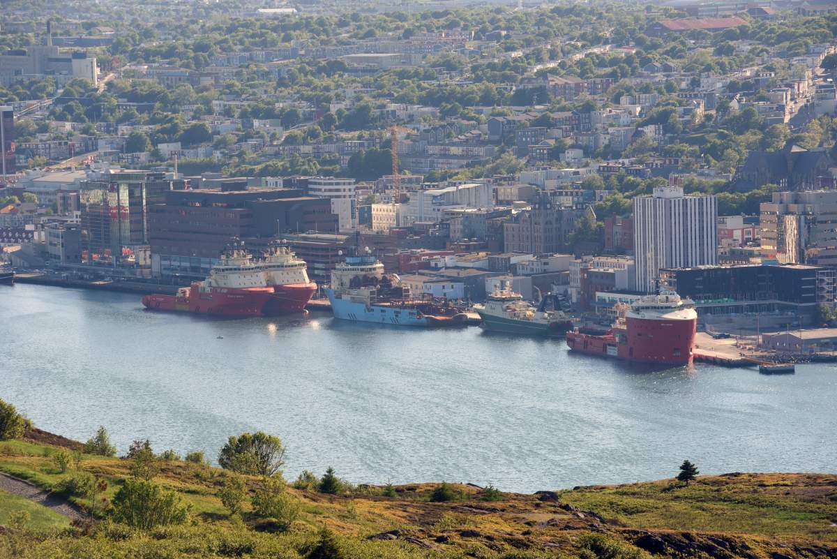 A view from Signal Hill over ships moored in the harbour and downtown St. John’s, Newfoundland, Canada on Tuesday, June 27, 2017.