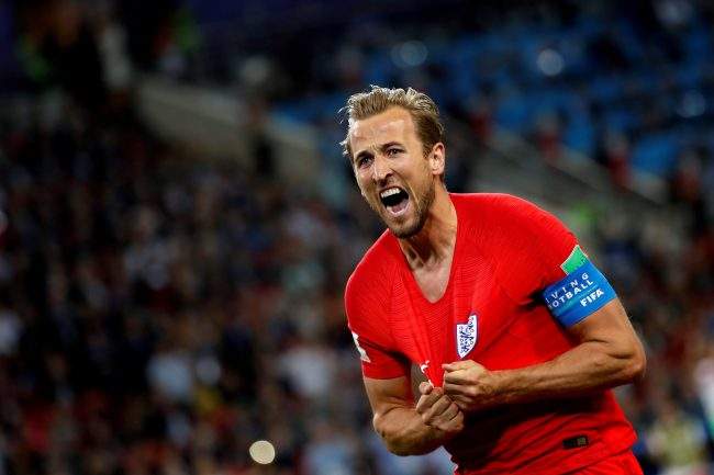 Harry Kane of England celebrates scoring the 1-0 lead during the FIFA World Cup 2018 Round of 16 match between Colombia and England in Moscow, Russia, July 3, 2018.