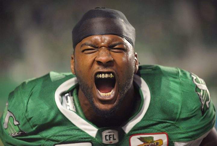 Saskatchewan Roughriders running back Jerome Messam celebrates a season opener victory against the Toronto Argonauts at Mosaic Stadium in Regina on Friday, June 15, 2018. 