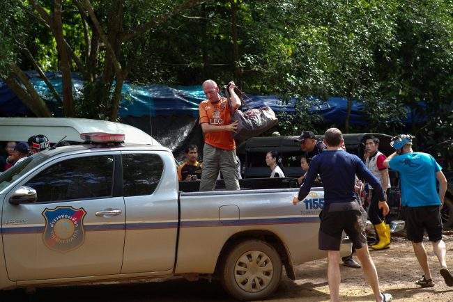 British caver Vernon Unsworth gets out of a pick up truck near the Tham Luang cave complex in the northern province of Chiang Rai, Thailand, July 5, 2018.