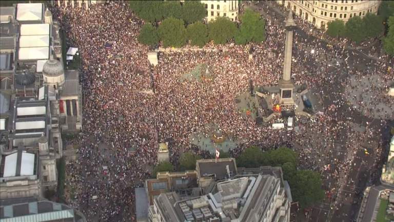 Aerials of tens of thousands of protesters gathered for demonstration against U.S. President Donald Trump in London.