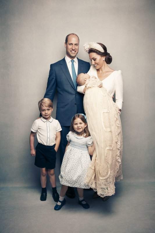 Kate, the Duchess of Cambridge, holds Prince Louis as they pose with Prince William, the Duke of Cambridge; Prince George and Princess Charlotte. (Matt Holyoak/Camera Press/Duke and Duchess of Cambridge via AP)