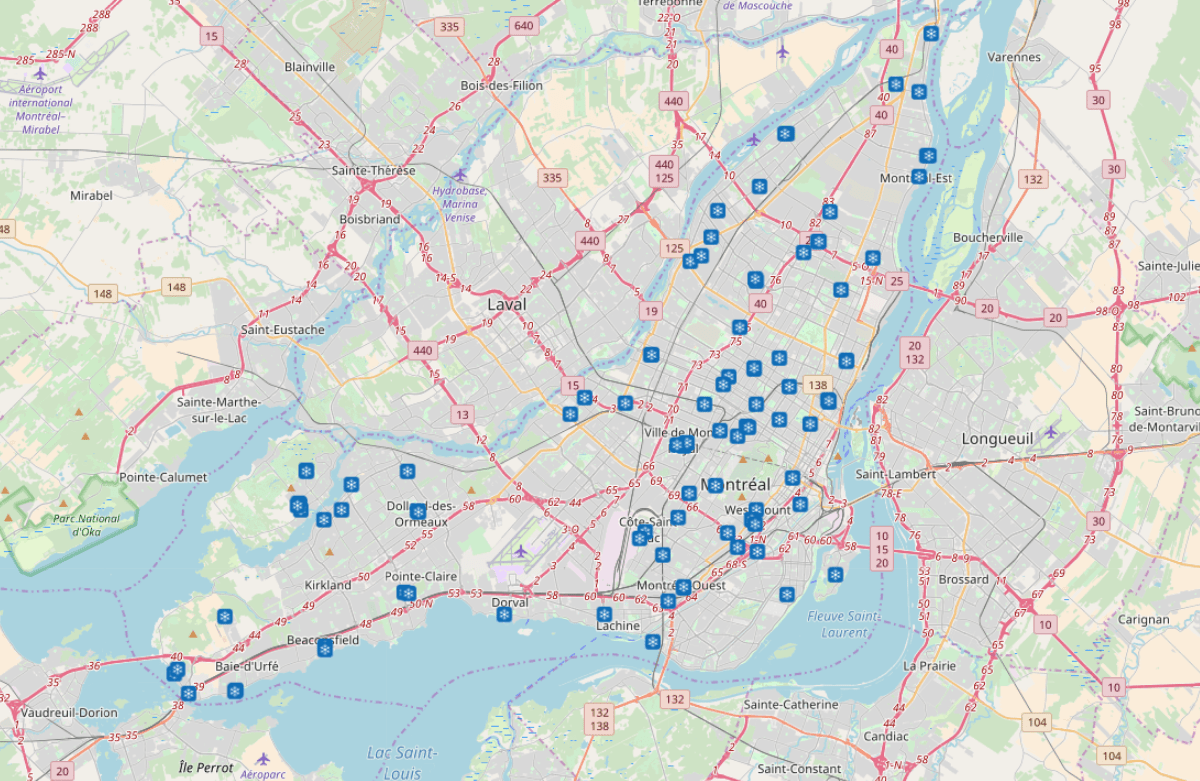 Map of public air-conditioned spaces in Montreal as of July 2018