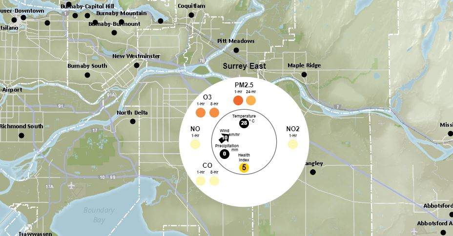 Air quality at the Surrey East monitoring station on the evening of Friday, July 27.