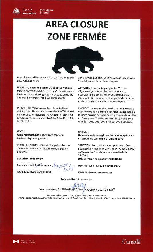 People exploring Banff National Park will not be allowed to access a stretch of it along Lake Minnewanka until next month after bear ended up in a backcountry campground.