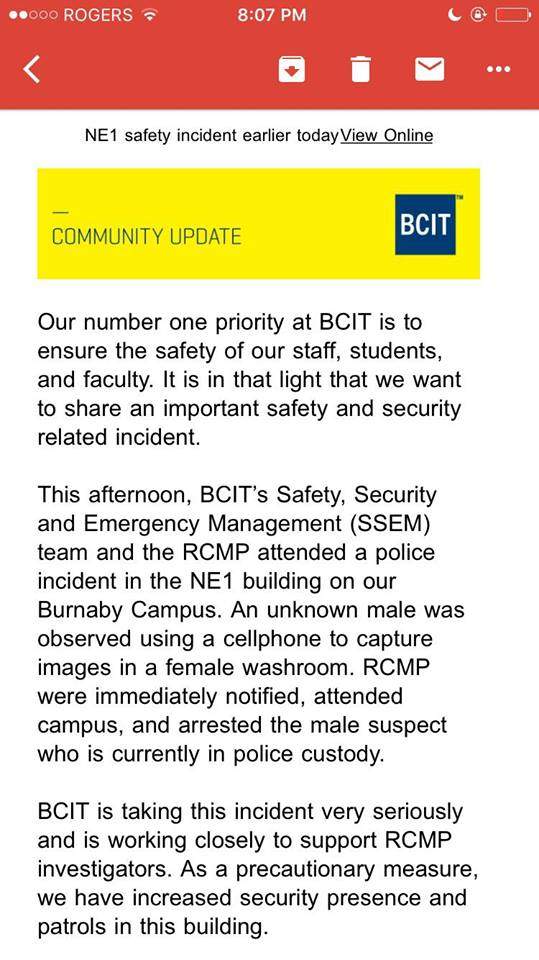 BCIT alerts students after man arrested for allegedly taking photos in women’s washroom - image