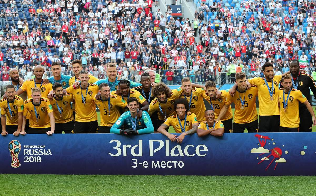 Belgium players react after winning the FIFA World Cup 2018 third place soccer match between Belgium and England in St.Petersburg, Russia.